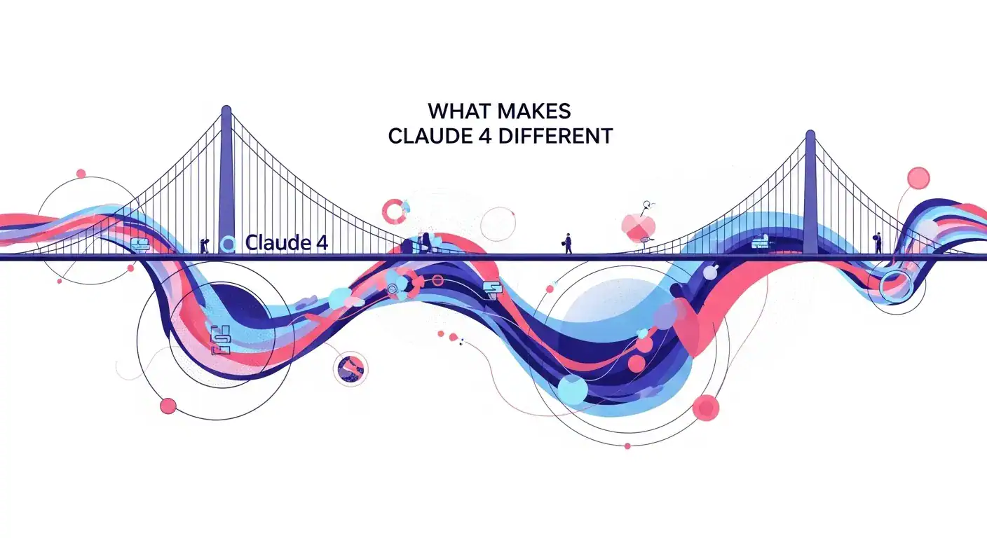 Abstract graphic explaining What Makes Claude 4 Different, shown as a bridge.